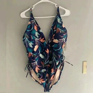Woman’s Lush Leaves Blue Floral V Neck Adjustable Strap Plus One Piece Swimsuit